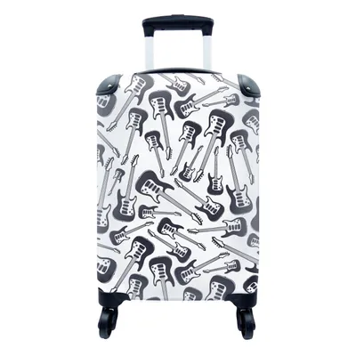 Produktbild von MuchoWow® Koffer Handgepäck Trolley Rollkoffer Kleine Reisekoffer mit 4 Rollen - Gitarre - Muster - Schwarz und Weiß - Cabin Size < 55x40x23 cm & 55x40x20 cm - Fotokoffer - Kabinenkoffer - Boardgepäck - Reise-Box - Reisekoffer - Reisegepäck - Koffer mit Bild - Trolley für Kinder