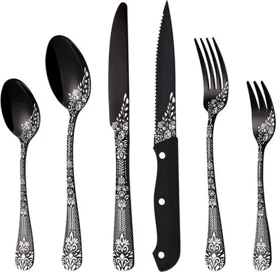 Produktbild von Famanu Besteckset Schwarz für 6 Personen - 36-teilig mit Steakmessern und Blumenmuster