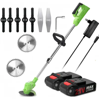 A collection of gardening tools and accessories, including a grass trimmer, batteries, charger, blades, and a wrench, arranged on a white background.