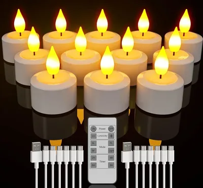 Produktbild von Wiederaufladbare Teelichter, 12 Stück Wiederaufladbare Kerzen Flackernd mit Fernbedienung und Timer, LED Kerzen mit 2 Stück USB-Kabel für Tisch Party Zimmer Halloween Weihnachtsdekoration