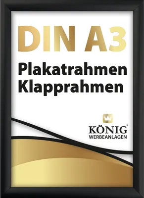 A black framed poster frame with text and a logo.