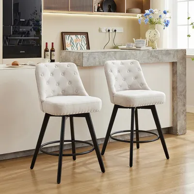 Produktbild von Barhocker 2er Set - 360° drehbarer Tresenhocker 66 cm - Gepolsterter Leinenbezug mit Rückenlehne - Holzbeine für Kücheninsel und Hausbar - Beige Leinen