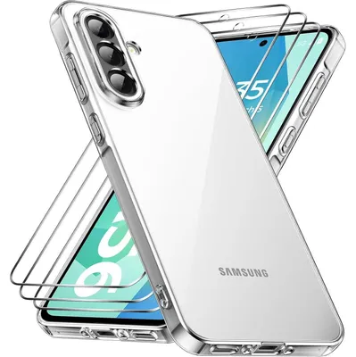 Immagine prodotto di Custodia protettiva per Samsung Galaxy A56 5G, con 3 protezioni in vetro temperato, trasparente, in TPU