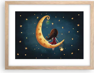Produktbild von Gerahmtes Poster - Rahmen in heller Eiche - Kinder Mädchen Mond - 40x30 cm - Wand Bild - Wanddeko - Wandbilder - Kunstposter - Wandposter - Bilderrahmen - Bilder - Kunstdruck - P2NAA40x30-4683