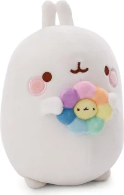 A white plush toy rabbit holding a rainbow-colored flower.