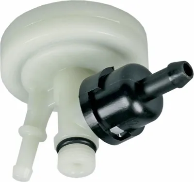 A close-up view of a white plastic pump component with a black connector and hose fitting.