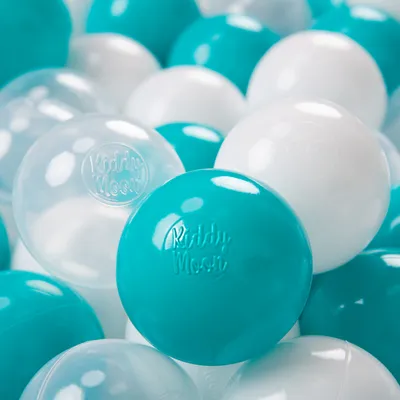 Immagine prodotto di KiddyMoon Kids 700 palline ∅ 7cm Palline da gioco per il bagno a palline Palline di plastica per bambini realizzate in UE, turchese/trasparente/bianco