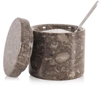 Zdjęcie produktu dla Solniczka marmurowa z pokrywką i łyżeczką, 7,5 cm