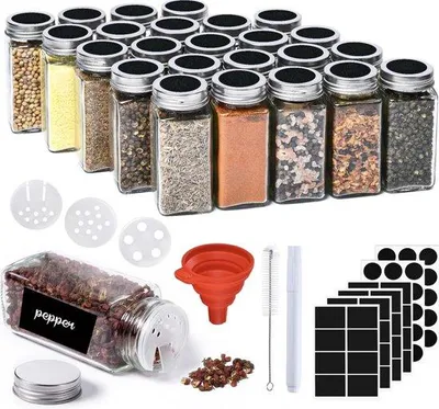 Produktbild von Famanu Gewürzgläser Quadrat 25 Stück - Gewürzbehälter 120 ml - Gewürzaufbewahrung mit Streueinsatz und Etiketten