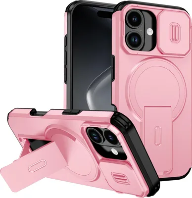 Obrázek produktu pro Magnetické pouzdro pro iPhone 17, dvouvrstvé odolné pouzdro s posuvnou ochranou fotoaparátu a nastavitelným stojánkem Růžová