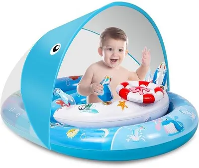 Produktbild von Ibenzoa® Aufblasbarer Baby-Schwimmring mit Sicherheits-Sitz – verstellbares UPF50+ Sonnendach 0°–120°, Doppel-Luftkammer & Anti-Kippring, 6–36 Monate, Blau, PVC