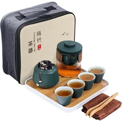 Productafbeelding van Draagbare reisthee-set van porselein, donkergroen, bestaande uit: 360 ml theepot, 50 ml kopjes, 220 ml theedoos en een 22x10 cm dienblad