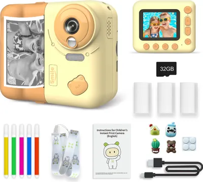 Produktbild von Sofortbildkamera fuer Kinder, Kinderkamera 1080P, Digitalkamera fuer Kinder, 2,4-Zoll-IPS-Bildschirm, 10-facher Zoom, eingebauter Akku, mit Thermodruckpapier, Farbstiften, Umhaengeband, Geburtstags- und Festivalgeschenk fuer Kinder, Jungen und Maedchen