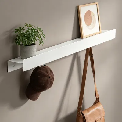 Produktbild von doporro Wandgarderobe mit Ablage, Garderobenleiste 60 cm mit 6 Garderobenhaken Weiß, Kleiderhaken Wand zum Schrauben oder Kleben,  Stalo-11