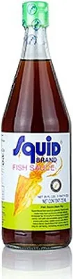 A bottle of SQUID Brand Fish Sauce.