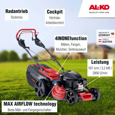 Produktbild von AL-KO Benzin-Rasenmäher Premium 521 VS-H (51 cm Schnittbreite, 3.2 kW Motorleistung, robustes Stahlblechgehäuse, variabler Hinterradantrieb, Mulchfunktion, Seitenauswurf, für Rasenflächen bis 1800 m²)