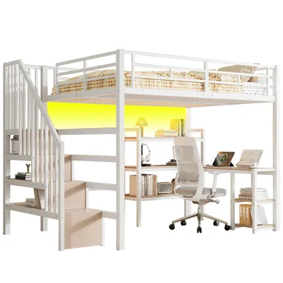 Produktbild von Merax Etagenbett 140x200cm, Hochbett Mit Schreibtisch, Metall Jugendbett Mit Treppe, Regal, USB Ladestation, LED Beleuchtung, Kinderbett, Weiß
