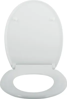A white toilet seat and lid are shown in the open position against a white background.