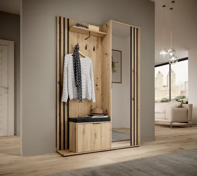 Produktbild von Garderobe- set NELLY, Wandgarderobe mit Spiegel, Schuhschrank, Kleiderhänger, Kleiderschrank, Eiche Artisan mit Schwarze Lamellen + Sitzkissen