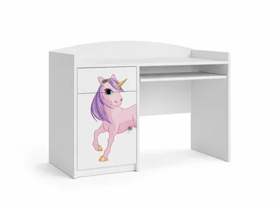 Obrázok produktu pre Detský písací stôl „Happy B04“ biely | Písací stôl pre mládež s odkladacou plochou na klávesnicu a úložným priestorom | Elegantný školský písací stôl do detskej izby, s motívom koňa a jednorožca