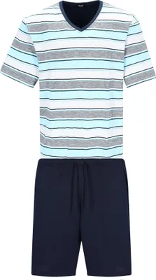 Image de Pyjama court pour homme Hajo - Coton haut de gamme, col en V, pyjama, shorty, coton bleu XL