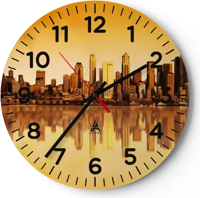 Produktbild von Wanduhr - Rund - Glasuhr - Stadt Wolkenkratzer Wasser - 30x30cm - Schleichendes Uhrwerk - Lautlos - zum Aufhängen bereit - Dekoration Modern - Wanddekoration aus Glas - C4AR30x30-0118