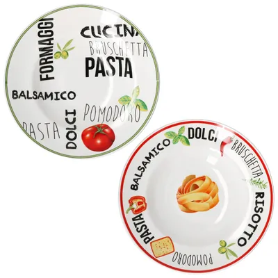 Zdjęcie produktu dla zestaw 2 talerzy do makaronu z dekorem zielono-czerwonym 26,5 cm talerz do makaronu talerz obiadowy głęboki biały naczynia kolorowe