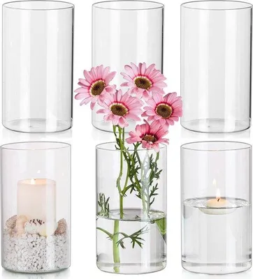 Immagine prodotto di Set di 6 vasi cilindrici in vetro trasparente, altezza 15 cm, ideali per fiori e candele