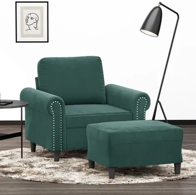 Produktbild von Dunkelgrüner Sessel mit Hocker, 60 cm, Samtbezug und Metallgestell für Wohnzimmer, Schlafzimmer und Leseecke