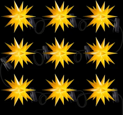 A string of nine yellow star-shaped lights on a black background.