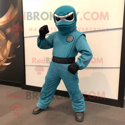 Immagine prodotto di Personaggio in costume della mascotte REDBROKOLY Teal Para Commando vestito con una tuta e spille da scialle