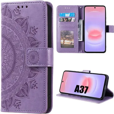 Image de Coque pour Samsung Galaxy A37 5G, Protection Rabat Cuir Synthétique Antichoc Violet Motif Mandala