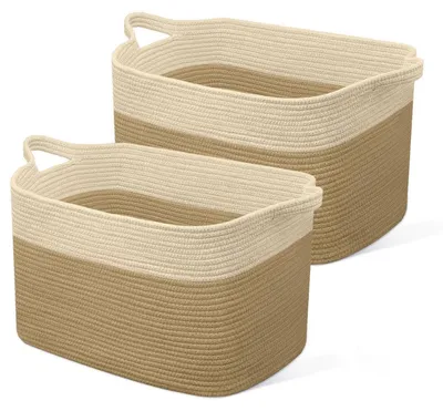 Produktbild von Faltbarer Wäschekorb 63L Baumwolle Geflochten mit Henkel 2 Stück Jute & Weiß