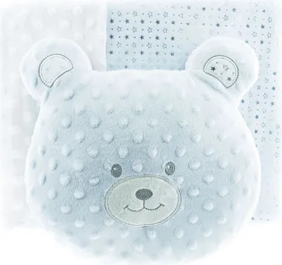 Immagine prodotto di Set di coperte per neonati Almina con cuscino orsetto Coperta per neonati in poliestere a due strati con motivo a stelle 100x80 cm Blu