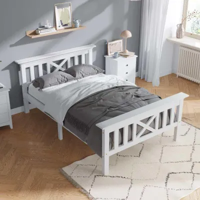 Produktbild von Massivholz Kiefer Einzelbett mit Lattenrost und Kopfteil für Kinder und Jugendliche - Weiß, 90 x 200 cm