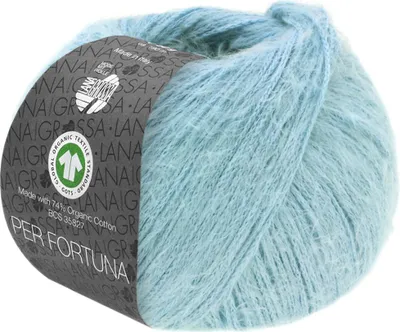 A ball of light blue yarn with a label wrapped around it.