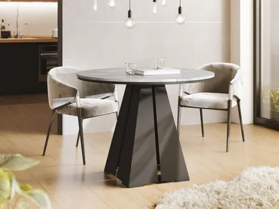 Produktbild von Runder Ausziehbarer Esstisch mit Schwarzem Metallgestell - Moderner Industrieller Tisch für Esszimmer oder Küche - 100 cm bis 180 cm -  EU - Grauer Beton