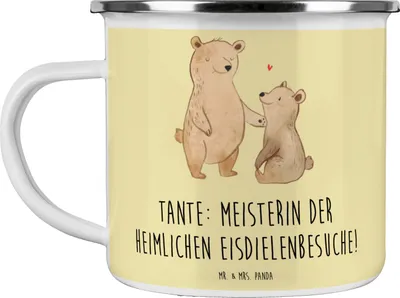 Produktbild von Mr. & Mrs. Panda becher emaille Tante Eisdielenmeisterin - Gelb Pastell - Geschenk, Humor, herzerwärmende Sprüche, Verwandtschaft, handgemacht, Tasse, Familie, Kaffeepott