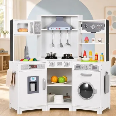 Imagen del producto de Cocina de juguete con luces y sonido, cocina de madera para muñecas, ideal para niños a partir de 3 años