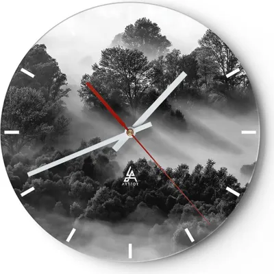 Produktbild von Wanduhr - Rund - Glasuhr - Schwarzweiß Bäume Nebel - 30x30cm - Schleichendes Uhrwerk - Lautlos - zum Aufhängen bereit - Dekoration Modern - Wanddekoration aus Glas - C3AR30x30-4510