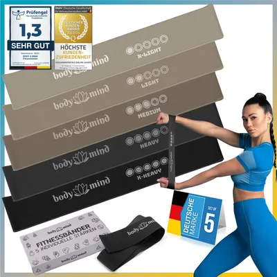 Produktbild von Body & Mind Fitnessband 5er Set in Grau - Hochwertige Widerstandsbänder für effektives Krafttraining, Yoga, Pilates & Home Workout