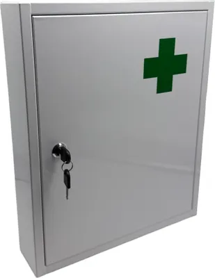 Produktbild von Relaxdays Medizinschrank, abschließbar, 5 Fächer, HxBxT: 43 x 35,5 x 8 cm, für Medikamente, Arzneischrank, weiß/ grün