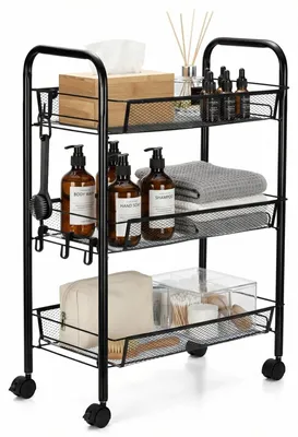 Zdjęcie produktu dla Wózek kuchenny z 3 półkami - Czarny metal - 45 x 27 x 65 cm - Do kuchni i łazienki