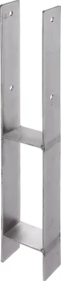 A silver metal H-shaped post anchor bracket is shown against a white background.