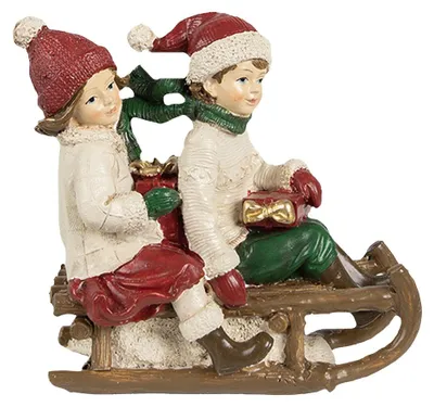Immagine prodotto di Clayre & Eef Figura decorativa bambini 12x6x11 cm Beige Rosso Poliresina Slitta