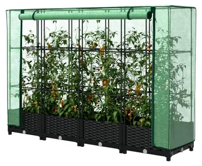 Produktbild von Hochbeet mit Gewächshaus-Aufsatz Pflanzkasten für Gemüse und Blumen 160x40x123 cm Schwarz