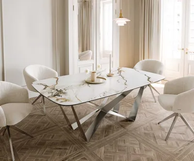 Produktbild von DELIFE Esstisch Edge Boot 200x100 Keramik Calacatta Luxe Weiß-Gold-Grau Spider Flachstahl Edelstahl