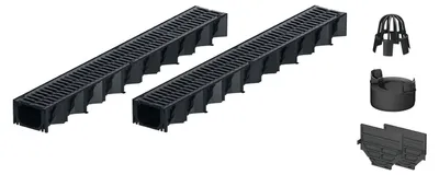 Produktbild von 2x1m ACO Hexaline 2.0 Entwässerungsrinne mit 2 Gussrosten á 0,5m Ablauf vertikal Bodenrinne Terrassenrinne