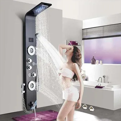 Produktbild von LED-Duschsystem - Duschpaneel 8006 - Temperaturgesteuerte LED - Regendusche & Wasserfall - Handbrause - Massagedüsen - 3-Griff - Edelstahl - Gelb