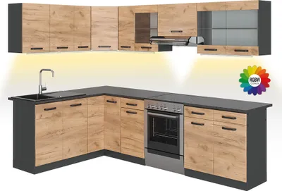 Immagine prodotto di Cucina ad angolo Vicco Rick Rovere dorato/antracite 270 x 60 cm , PL Fantasia nera con striscia LED, Model 51933